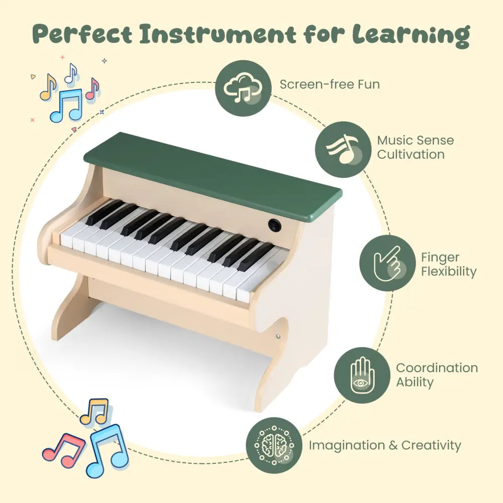 25 Keys Kids Piano Keyboard Wooden Digital Piano Toy with Removable Music Stand-Green - Green - Pianos & Keyboards