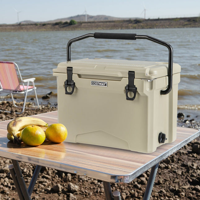 25 QT Hard Cooler with Aluminum Handle and Integrated Cup Holders - Tan - Oasis Home Essentials