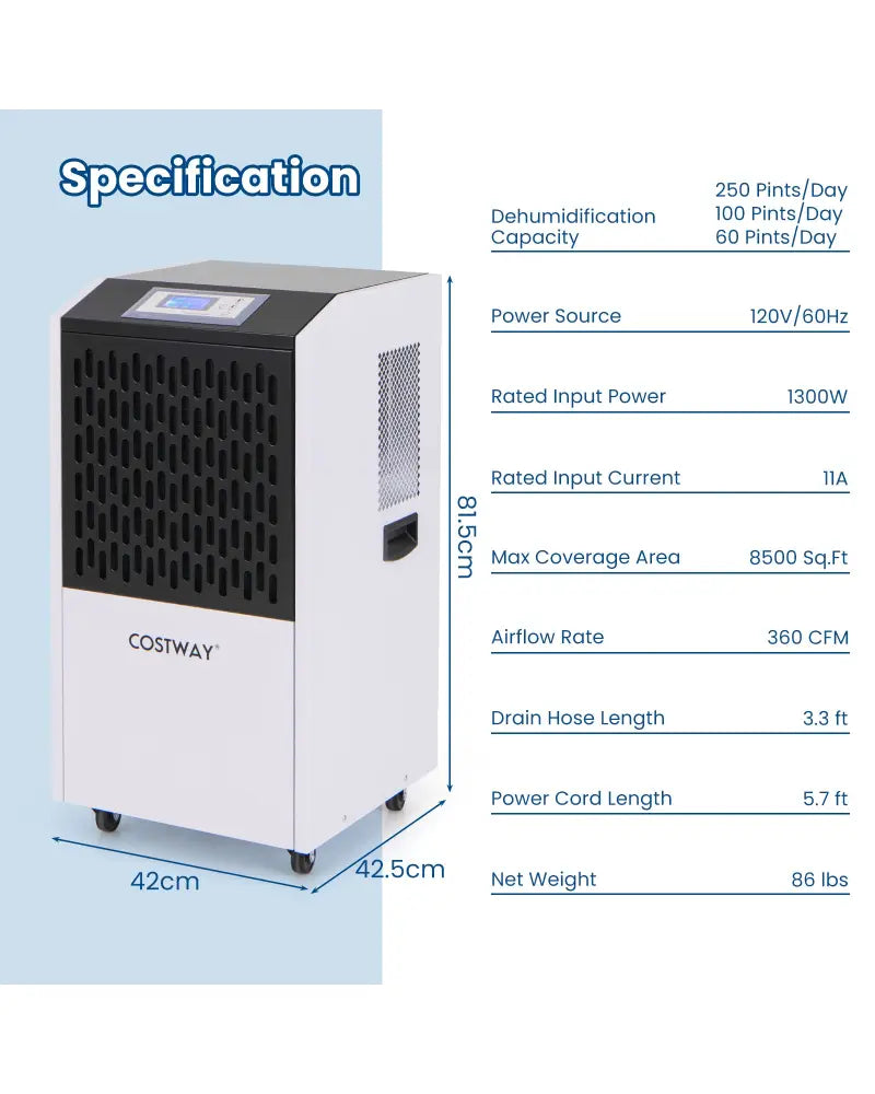 250 Pints Commercial Dehumidifier with Drain Hose Large Spaces up to 8500 Sq.Ft-White - White - Dehumidifiers