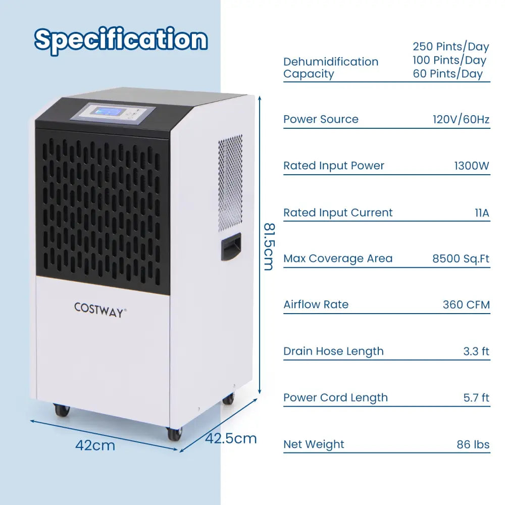 250 Pints Commercial Dehumidifier with Drain Hose Large Spaces up to 8500 Sq.Ft-White - White - Dehumidifiers