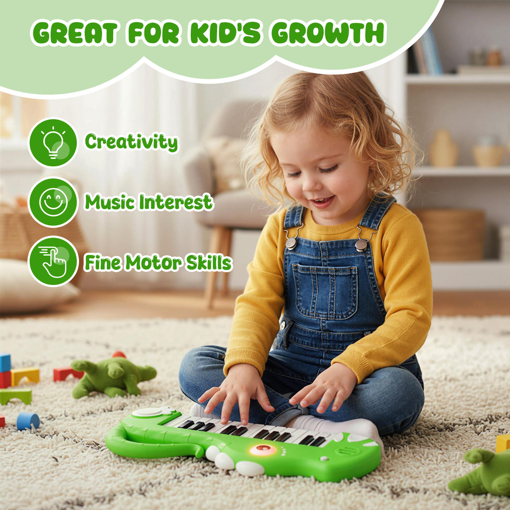 25-Key Kids Piano Keyboard Dinosaur Shape Toy Digital Piano with Built-in Music & Light-Green