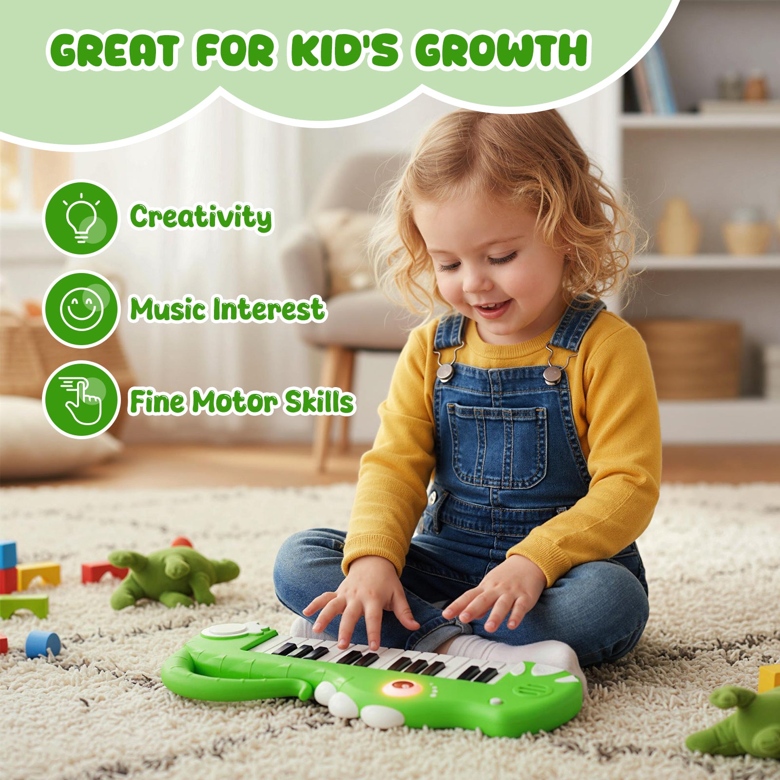 25-Key Kids Piano Keyboard Dinosaur Shape Toy Digital Piano with Built-in Music & Light-Green