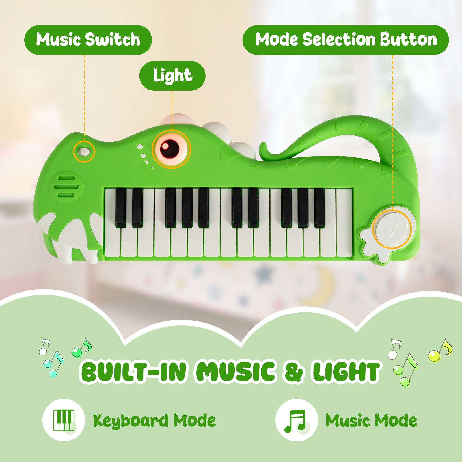 25-Key Kids Piano Keyboard Dinosaur Shape Toy Digital Piano with Built-in Music & Light-Green