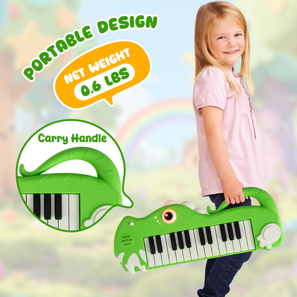 25-Key Kids Piano Keyboard Dinosaur Shape Toy Digital Piano with Built-in Music & Light-Green