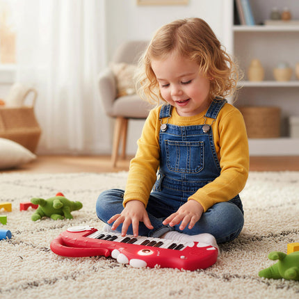 25-Key Kids Piano Keyboard Dinosaur Shape Toy Digital Piano with Built-in Music & Light-Red