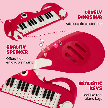25-Key Kids Piano Keyboard Dinosaur Shape Toy Digital Piano with Built-in Music & Light-Red