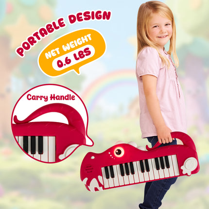 25-Key Kids Piano Keyboard Dinosaur Shape Toy Digital Piano with Built-in Music & Light-Red
