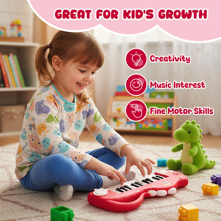25-Key Kids Piano Keyboard Dinosaur Shape Toy Digital Piano with Built-in Music & Light-Red