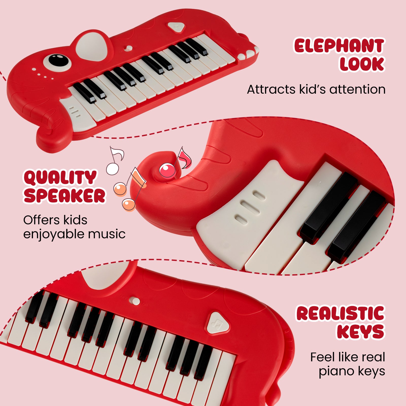 25-Key Kids Piano Keyboard Elephant Shape Toy Digital Piano with Built-in Music and Light-Red