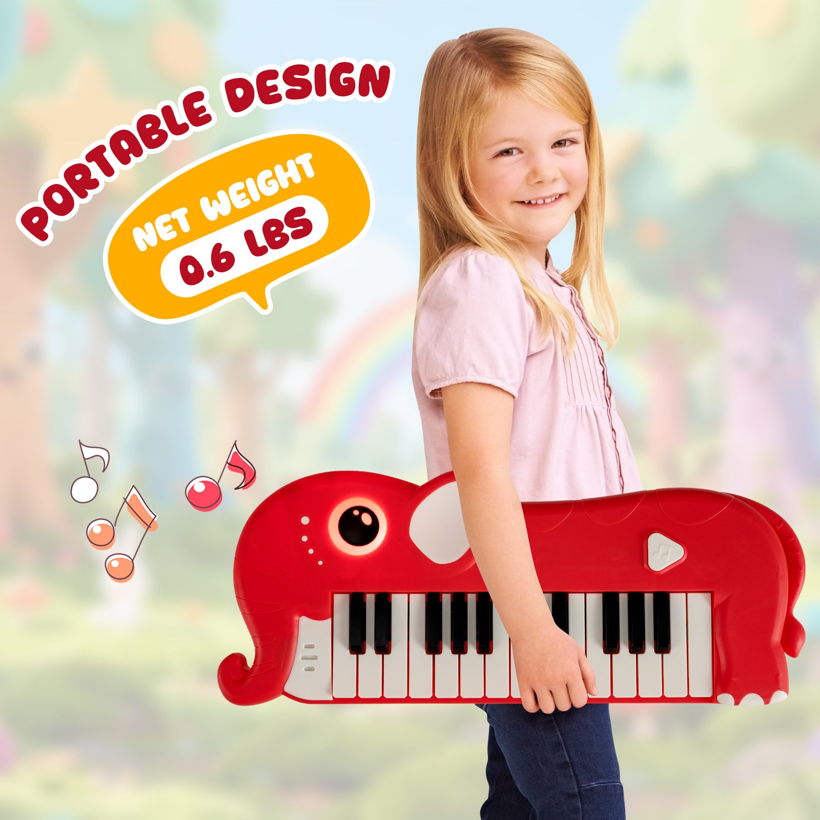 25-Key Kids Piano Keyboard Elephant Shape Toy Digital Piano with Built-in Music and Light-Red