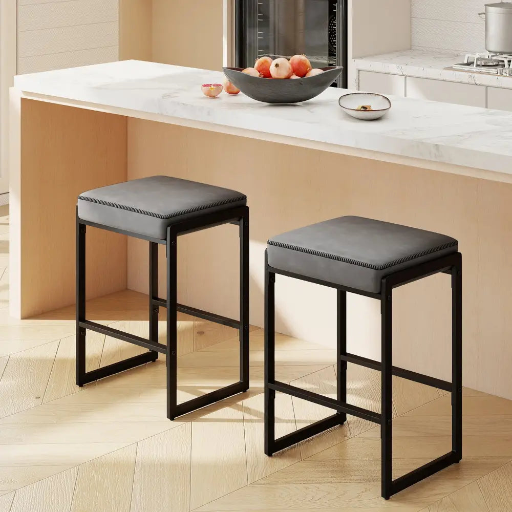 26 inch Bar Stools Set of 2 Counter Height Barstools with Faux Leather Upholstered Seat-Gray - Gray - Bar Stools