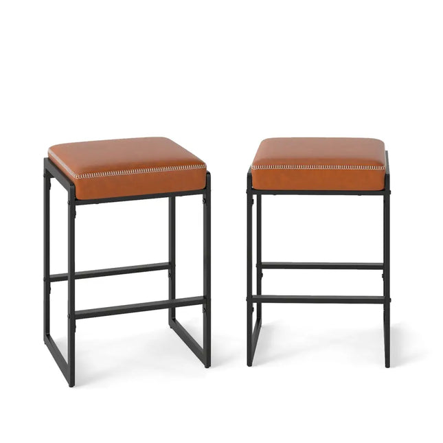 26 inch Bar Stools Set of 2 Counter Height Barstools with Faux Leather Upholstered Seat-Brown - Brown - Bar Stools