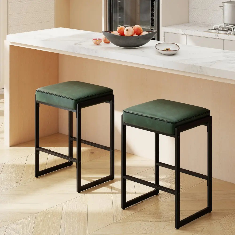 26 inch Bar Stools Set of 2 Counter Height Barstools with Faux Leather Upholstered Seat-Green - Green - Bar Stools