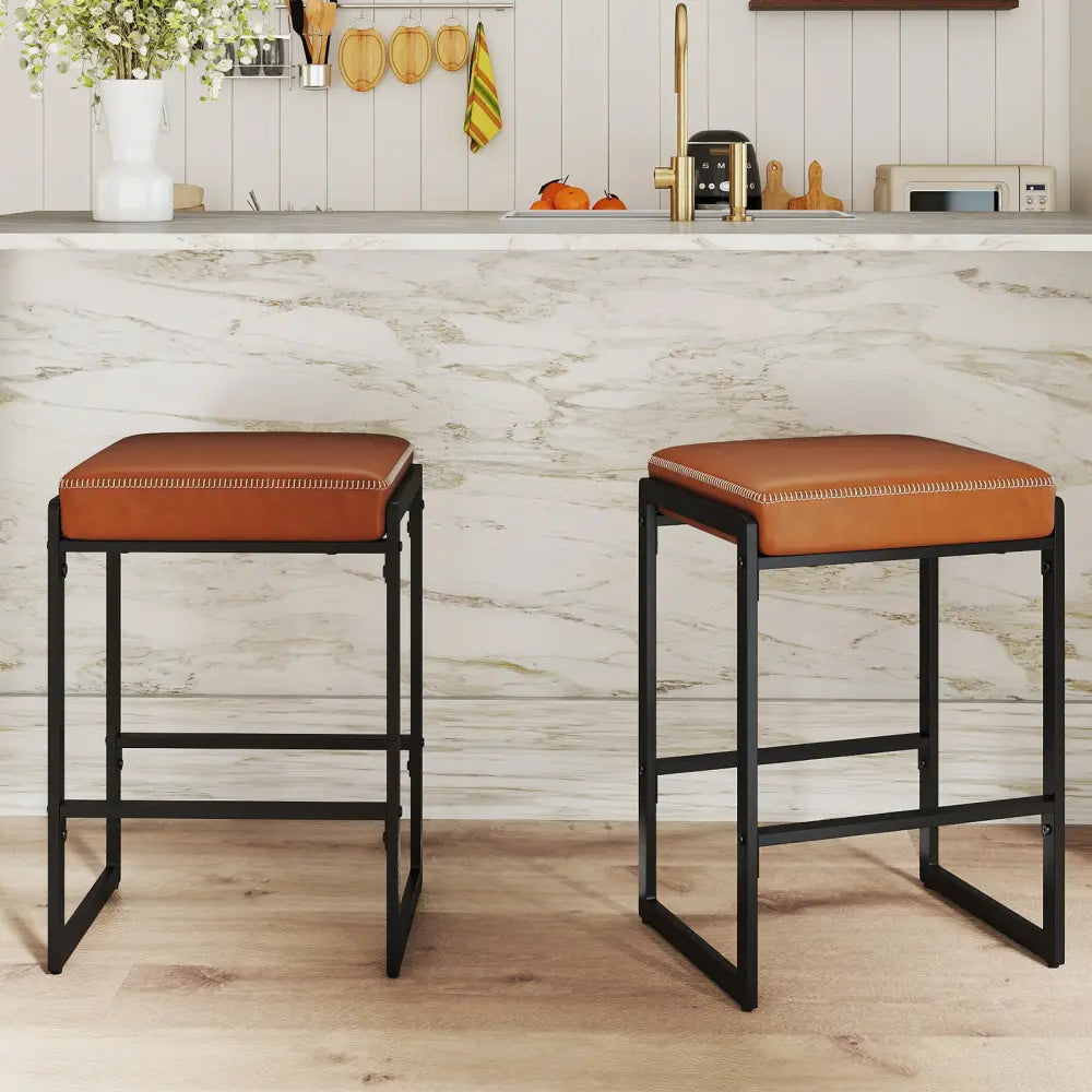 26 inch Bar Stools Set of 2 Counter Height Barstools with Faux Leather Upholstered Seat-Brown - Brown - Bar Stools