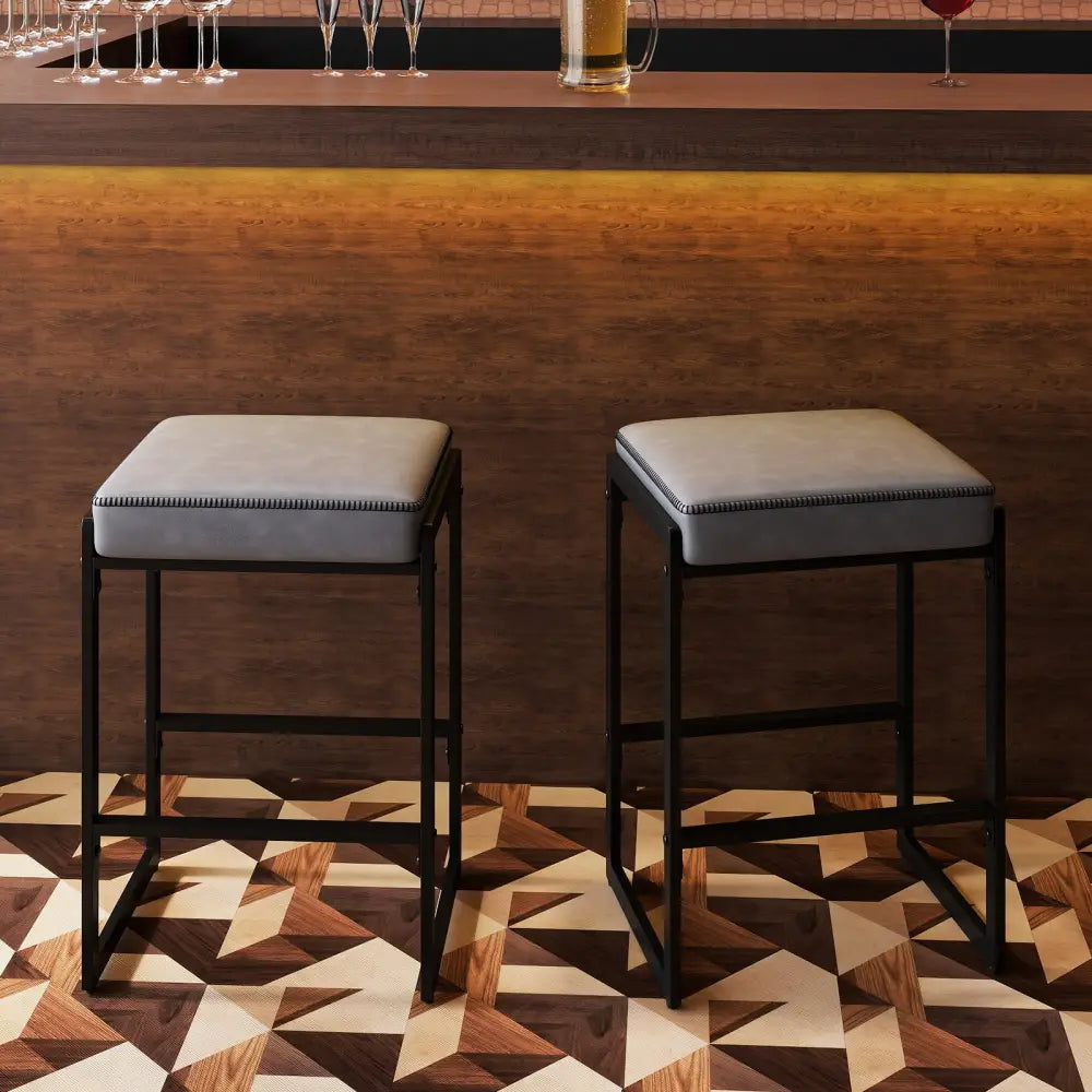 26 inch Bar Stools Set of 2 Counter Height Barstools with Faux Leather Upholstered Seat-Gray - Gray - Bar Stools