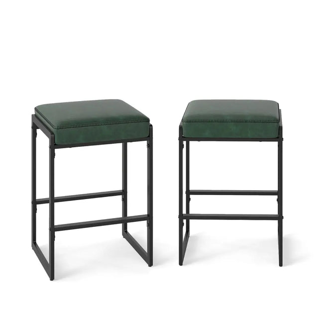 26 inch Bar Stools Set of 2 Counter Height Barstools with Faux Leather Upholstered Seat-Green - Green - Bar Stools