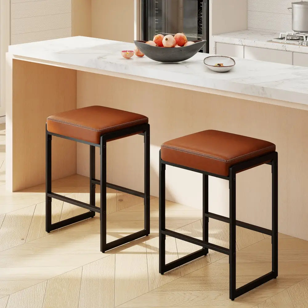 26 inch Bar Stools Set of 2 Counter Height Barstools with Faux Leather Upholstered Seat-Brown - Brown - Bar Stools