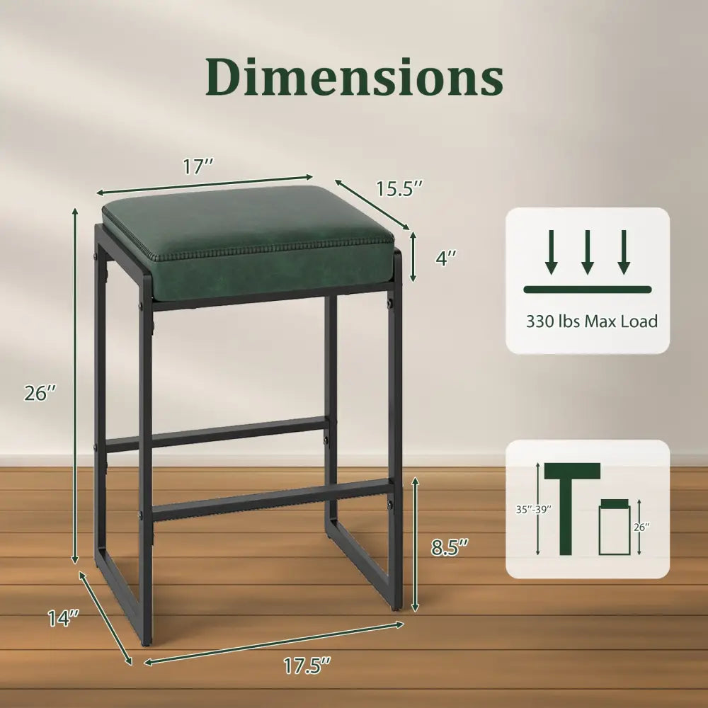 26 inch Bar Stools Set of 2 Counter Height Barstools with Faux Leather Upholstered Seat-Green - Green - Bar Stools