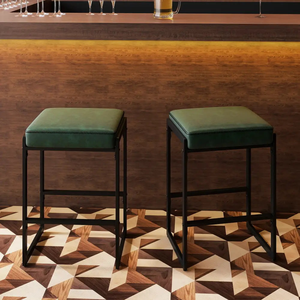 26 inch Bar Stools Set of 2 Counter Height Barstools with Faux Leather Upholstered Seat-Green - Green - Bar Stools
