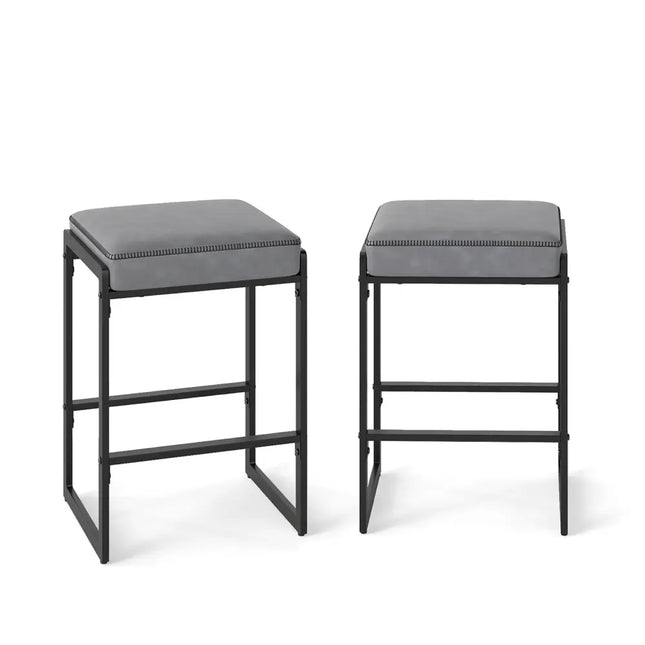 26 inch Bar Stools Set of 2 Counter Height Barstools with Faux Leather Upholstered Seat-Gray - Gray - Bar Stools