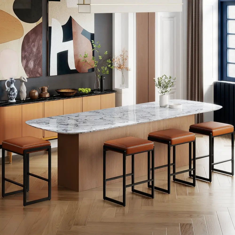 26 inch Bar Stools Set of 4 Counter Height Barstools with Faux Leather Upholstered Seat-Brown Costway
