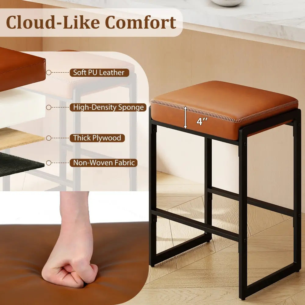 26 inch Bar Stools Set of 4 Counter Height Barstools with Faux Leather Upholstered Seat-Brown Costway
