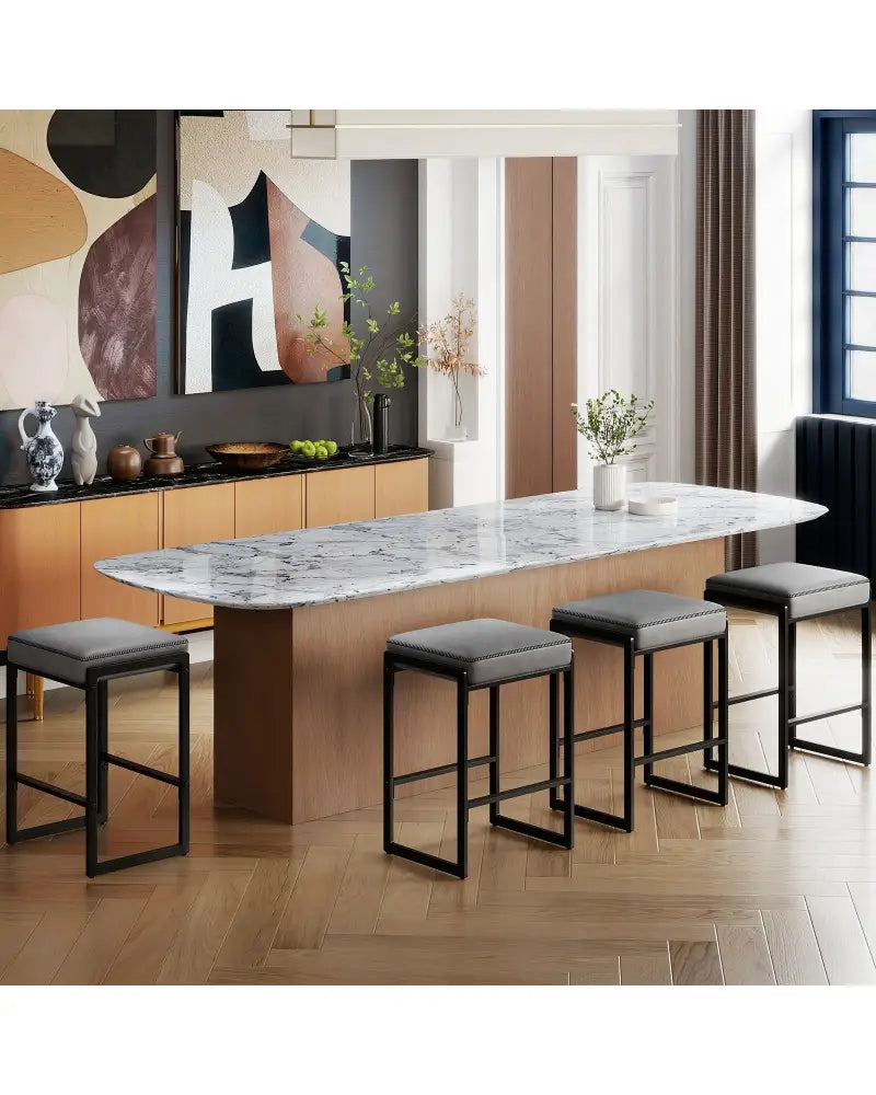 26 inch Bar Stools Set of 4 Counter Height Barstools with Faux Leather Upholstered Seat-Gray - Gray - Bar Stools
