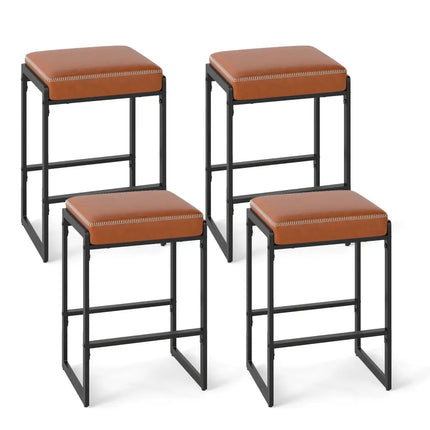 26 inch Bar Stools Set of 4 Counter Height Barstools with Faux Leather Upholstered Seat-Brown Costway