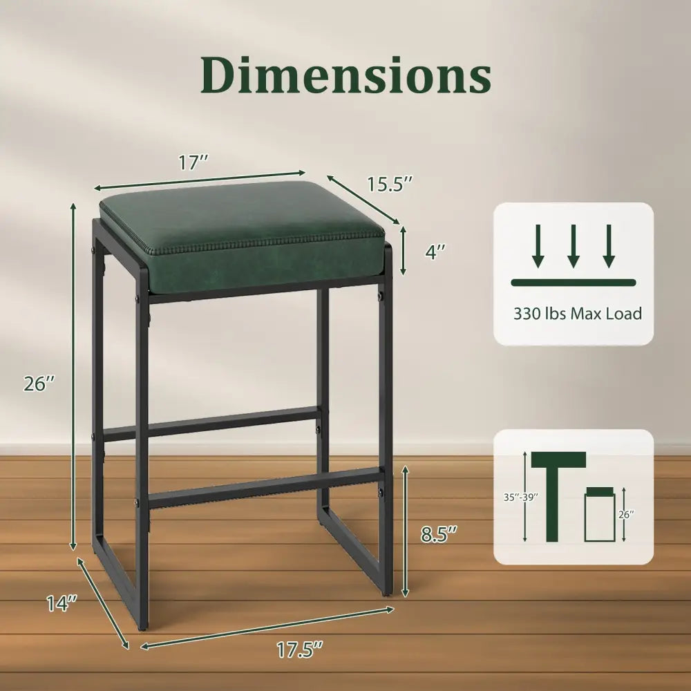 26 inch Bar Stools Set of 4 Counter Height Barstools with Faux Leather Upholstered Seat-Green Costway