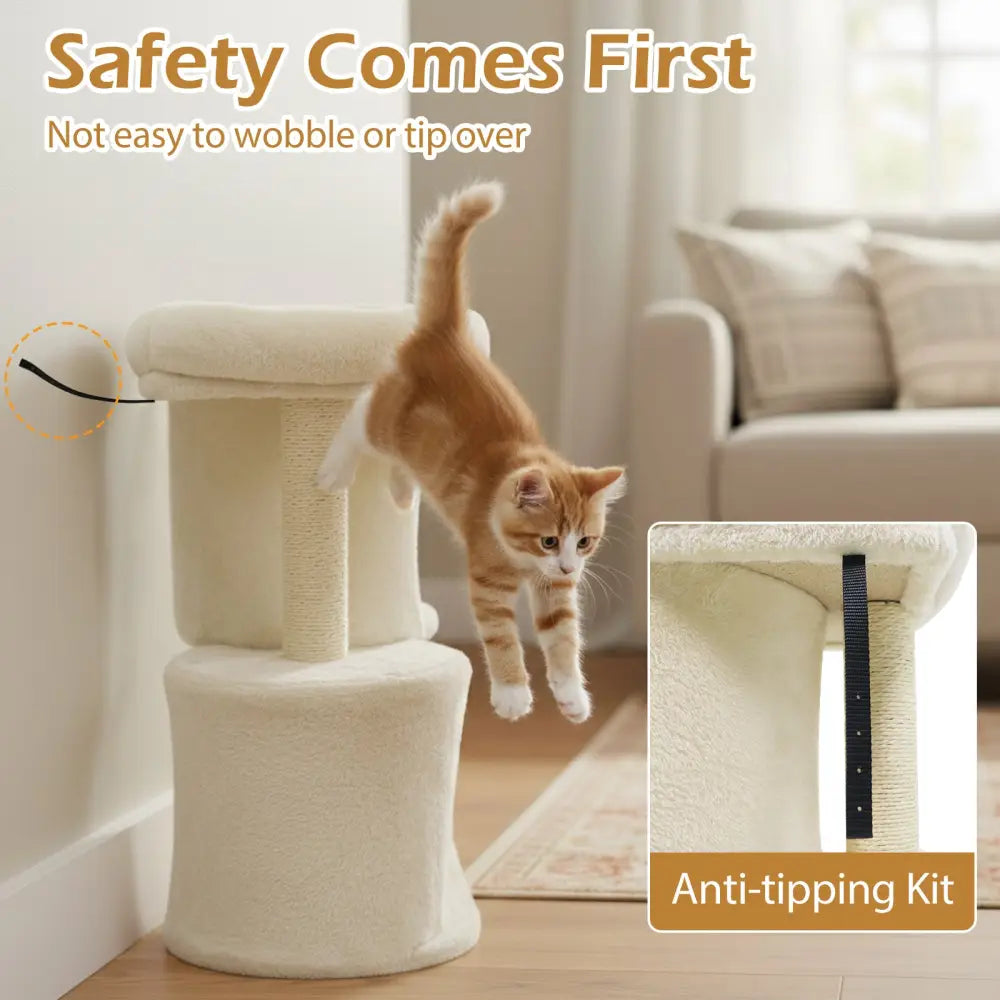 26 Inch Cat Tower with Large Padded Push Perch and Dual Condos-Beige - Beige - Cat Trees Condos & Scratchers