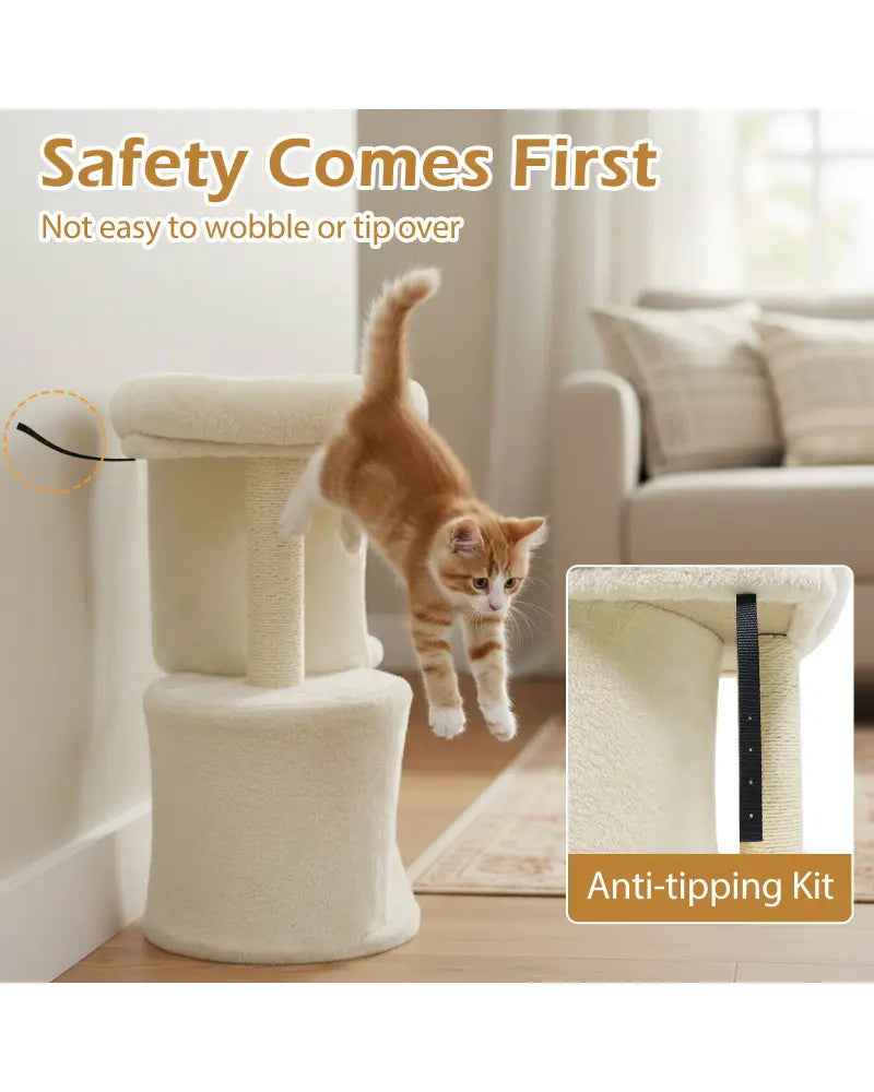 26 Inch Cat Tower with Large Padded Push Perch and Dual Condos-Beige - Beige - Cat Trees Condos & Scratchers