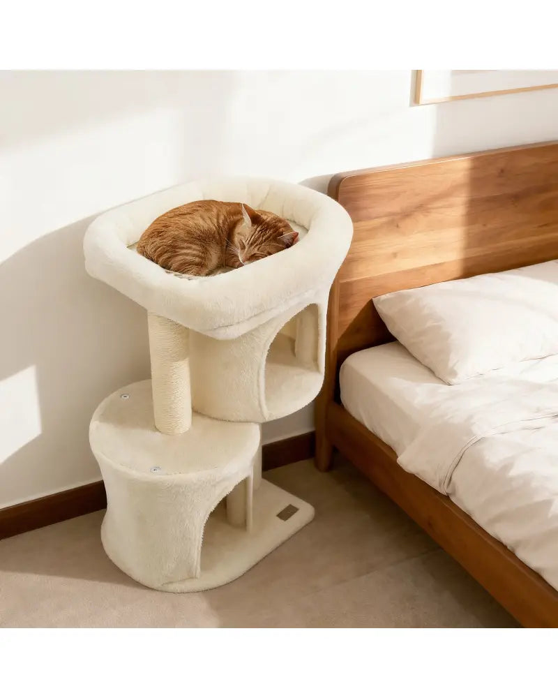 26 Inch Cat Tower with Large Padded Push Perch and Dual Condos-Beige - Beige - Cat Trees Condos & Scratchers