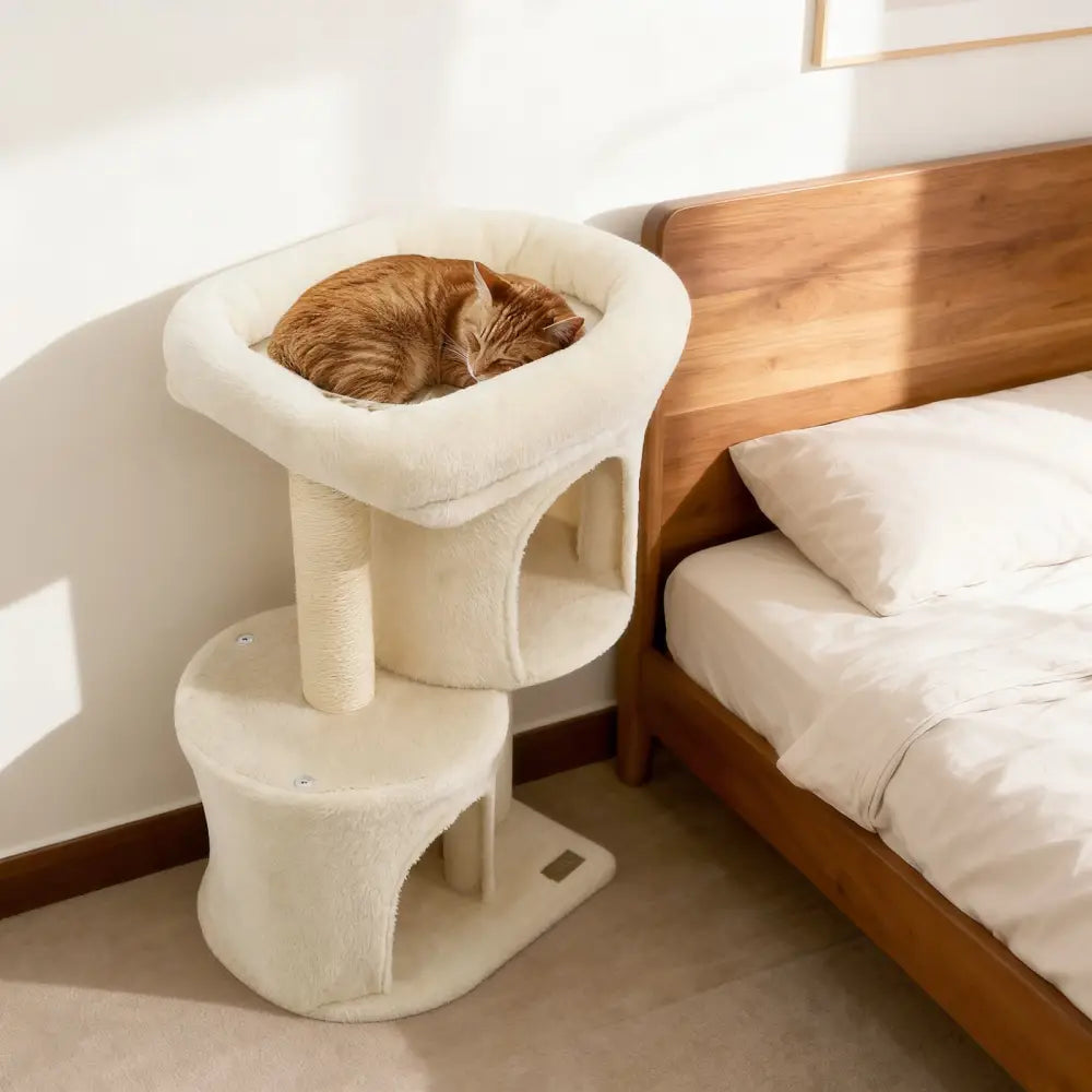 26 Inch Cat Tower with Large Padded Push Perch and Dual Condos-Beige - Beige - Cat Trees Condos & Scratchers