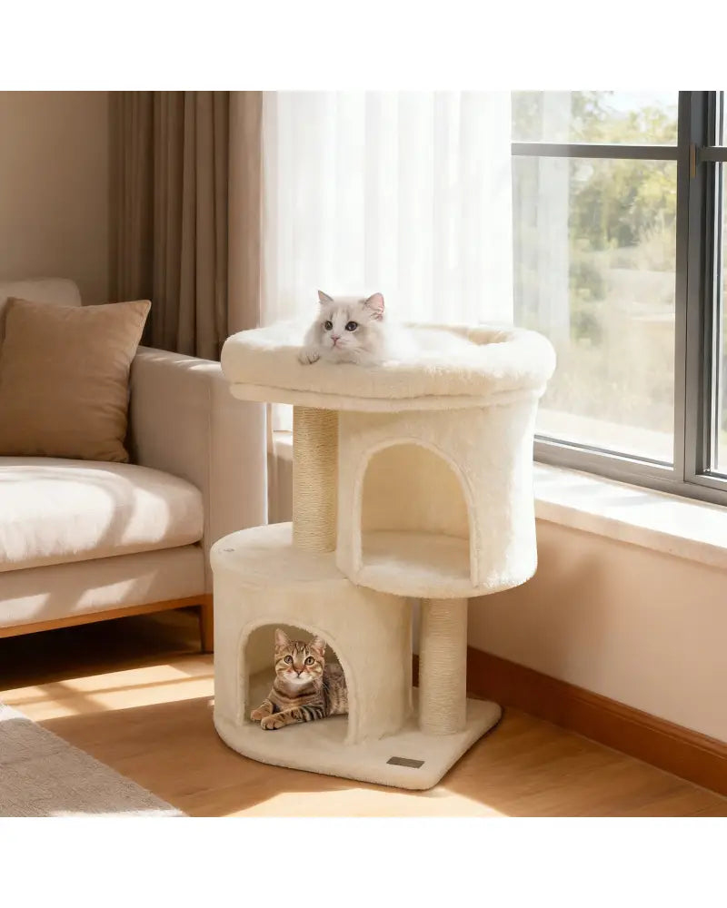 26 Inch Cat Tower with Large Padded Push Perch and Dual Condos-Beige - Beige - Cat Trees Condos & Scratchers