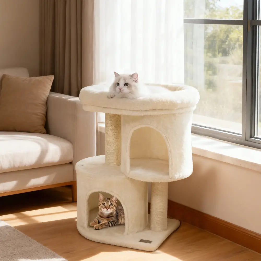 26 Inch Cat Tower with Large Padded Push Perch and Dual Condos-Beige - Beige - Cat Trees Condos & Scratchers