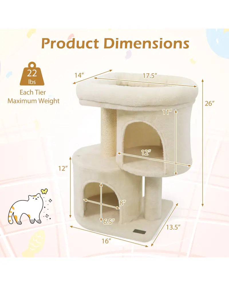 26 Inch Cat Tower with Large Padded Push Perch and Dual Condos-Beige - Beige - Cat Trees Condos & Scratchers
