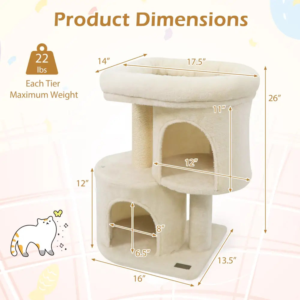 26 Inch Cat Tower with Large Padded Push Perch and Dual Condos-Beige - Beige - Cat Trees Condos & Scratchers