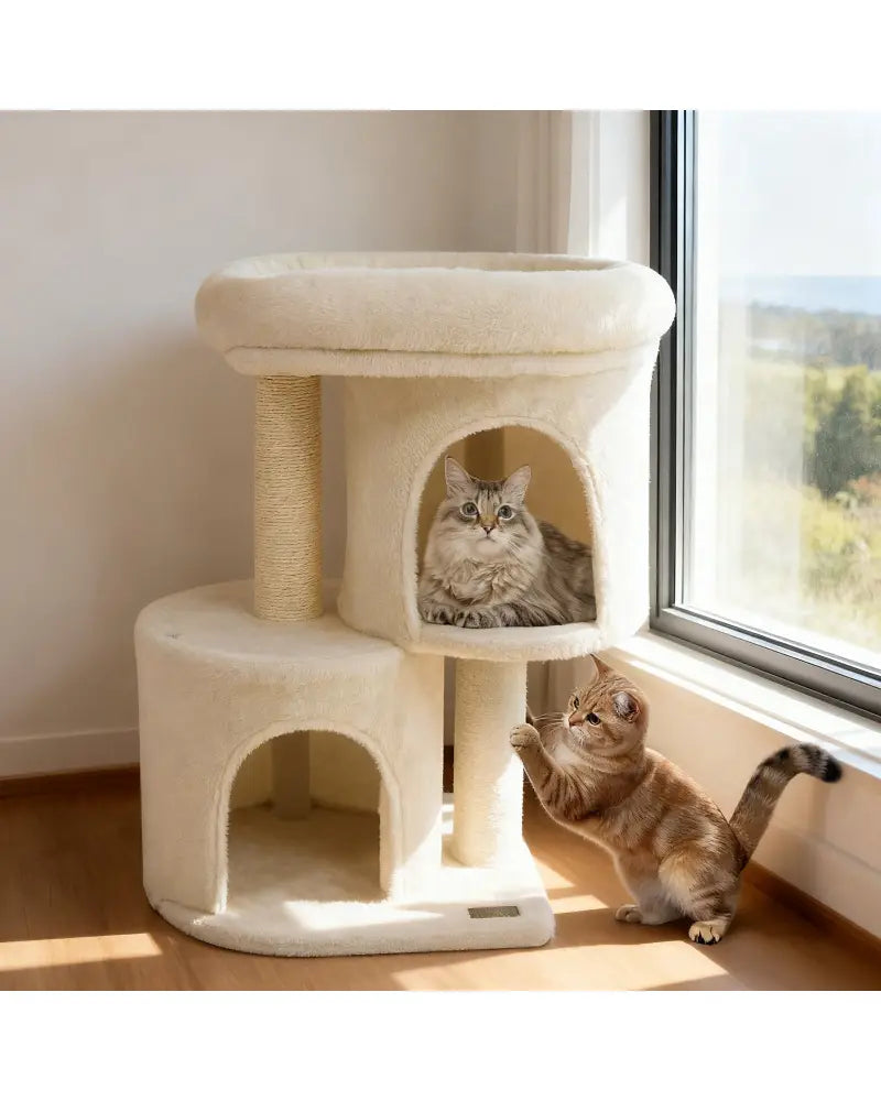 26 Inch Cat Tower with Large Padded Push Perch and Dual Condos-Beige - Beige - Cat Trees Condos & Scratchers