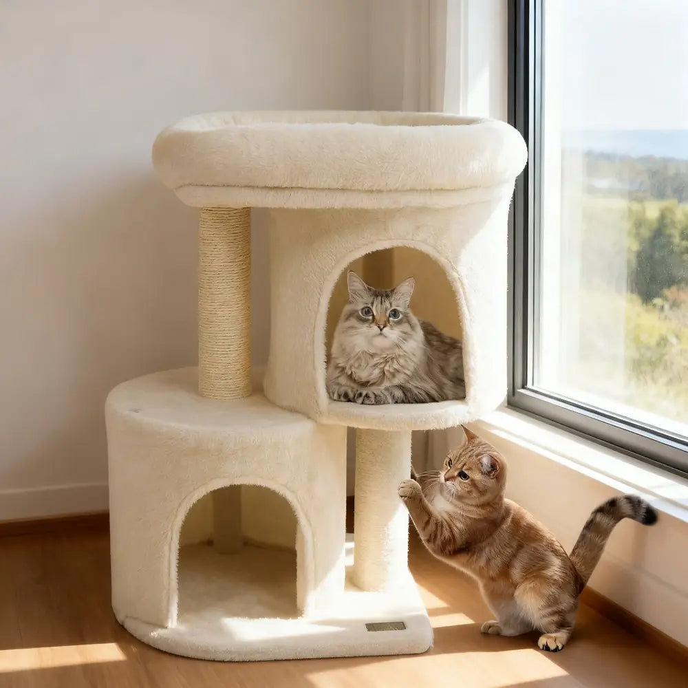 26 Inch Cat Tower with Large Padded Push Perch and Dual Condos-Beige - Beige - Cat Trees Condos & Scratchers