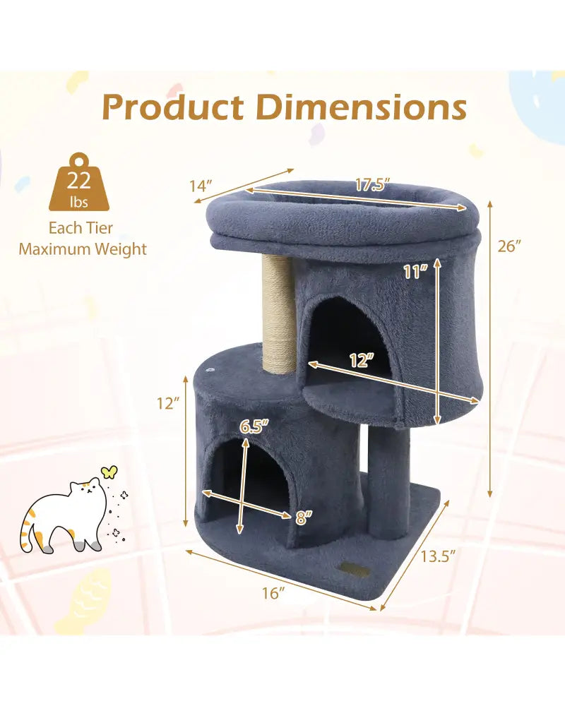 26 Inch Cat Tower with Large Padded Push Perch and Dual Condos-Dark Gray - Dark Gray - Cat Trees Condos & Scratchers
