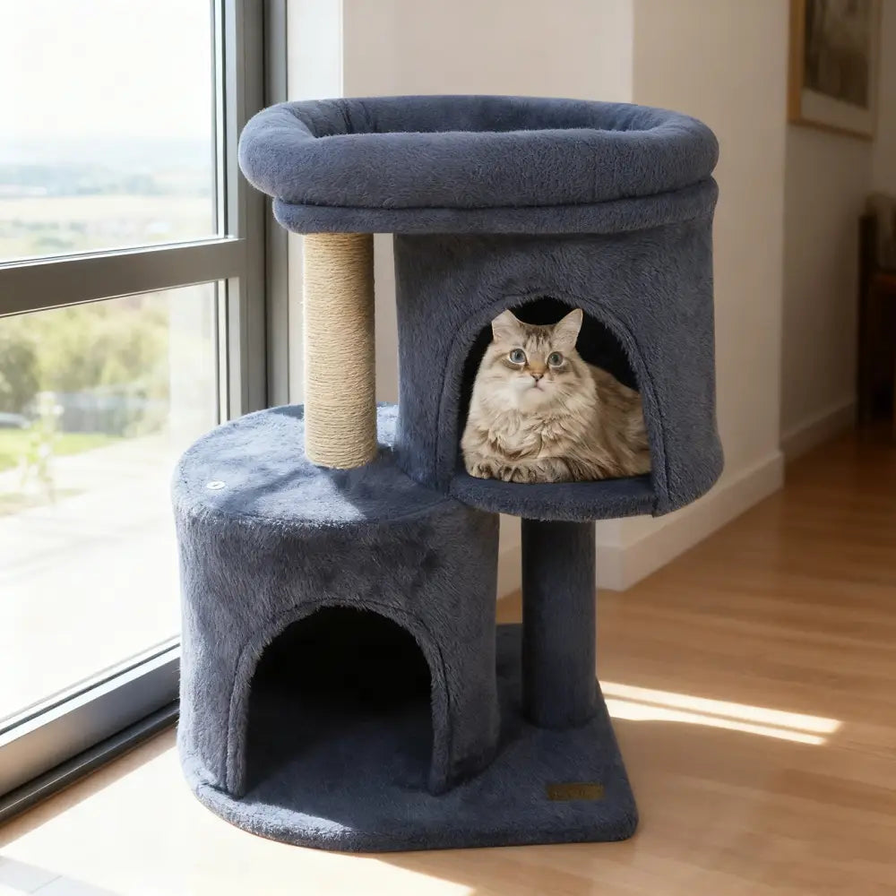 26 Inch Cat Tower with Large Padded Push Perch and Dual Condos-Dark Gray - Dark Gray - Cat Trees Condos & Scratchers