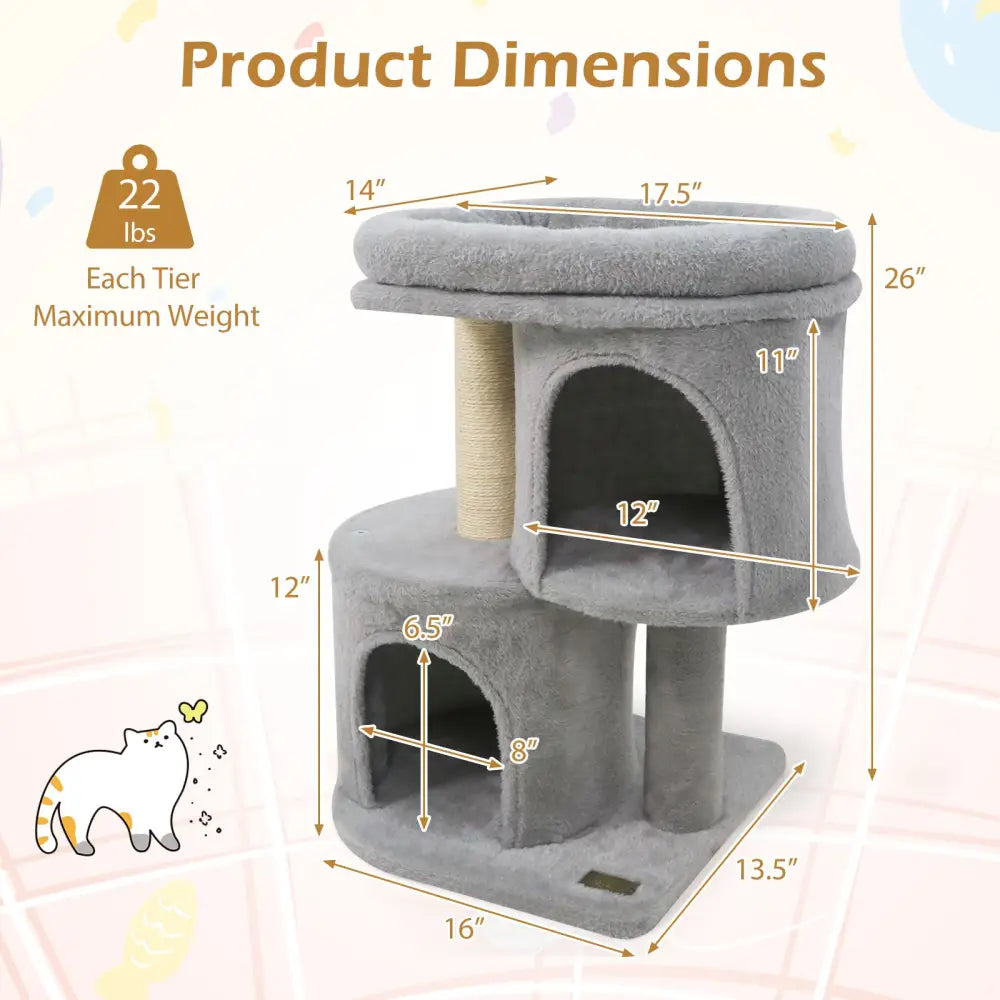 26 Inch Cat Tower with Large Padded Push Perch and Dual Condos-Light Gray - Light Gray - Cat Trees Condos & Scratchers