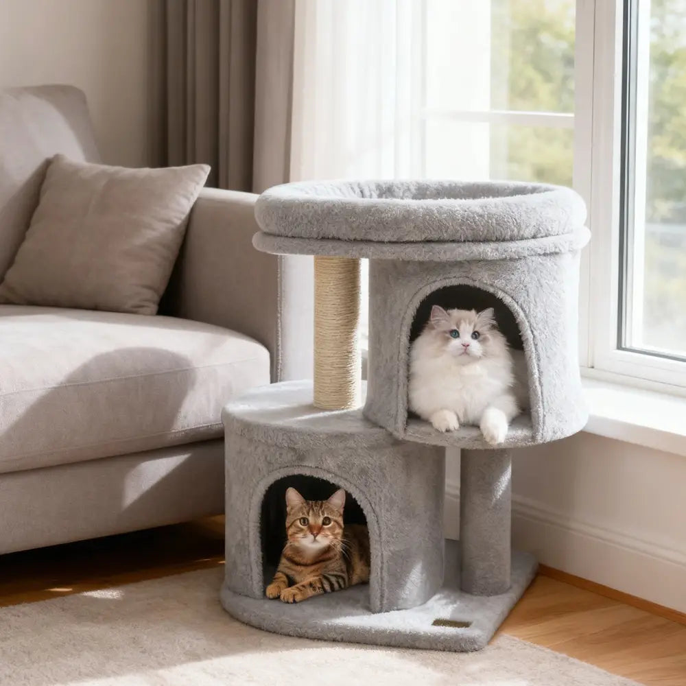 26 Inch Cat Tower with Large Padded Push Perch and Dual Condos-Light Gray - Light Gray - Cat Trees Condos & Scratchers