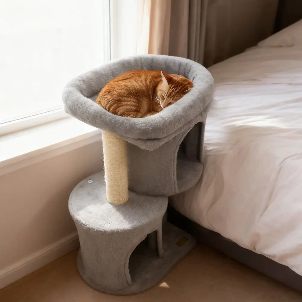 26 Inch Cat Tower with Large Padded Push Perch and Dual Condos-Light Gray - Light Gray - Cat Trees Condos & Scratchers