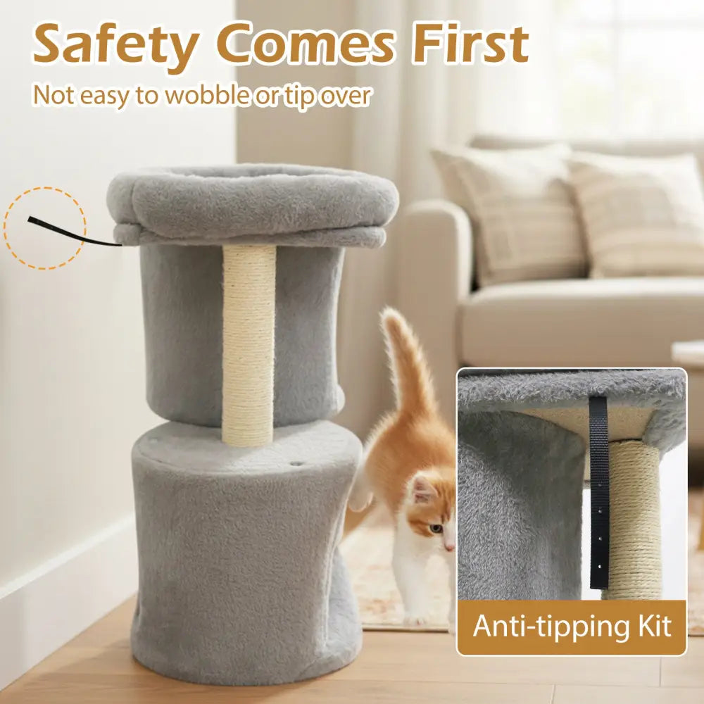 26 Inch Cat Tower with Large Padded Push Perch and Dual Condos-Light Gray - Light Gray - Cat Trees Condos & Scratchers