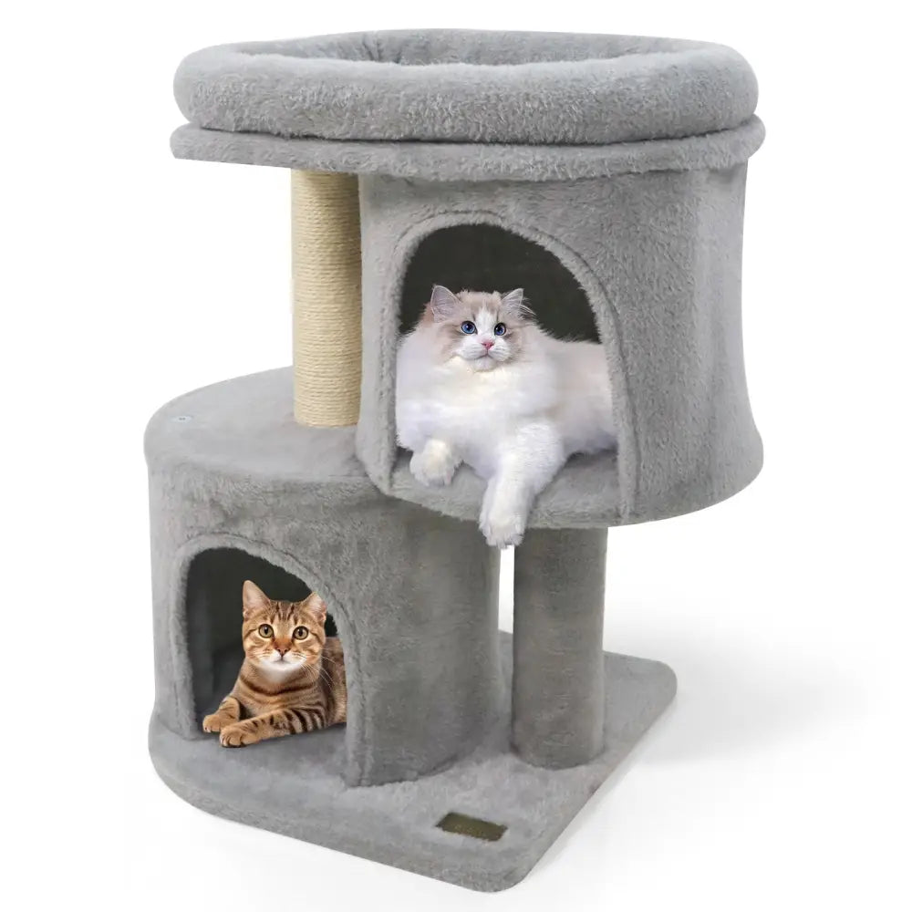 26 Inch Cat Tower with Large Padded Push Perch and Dual Condos-Light Gray - Light Gray - Cat Trees Condos & Scratchers