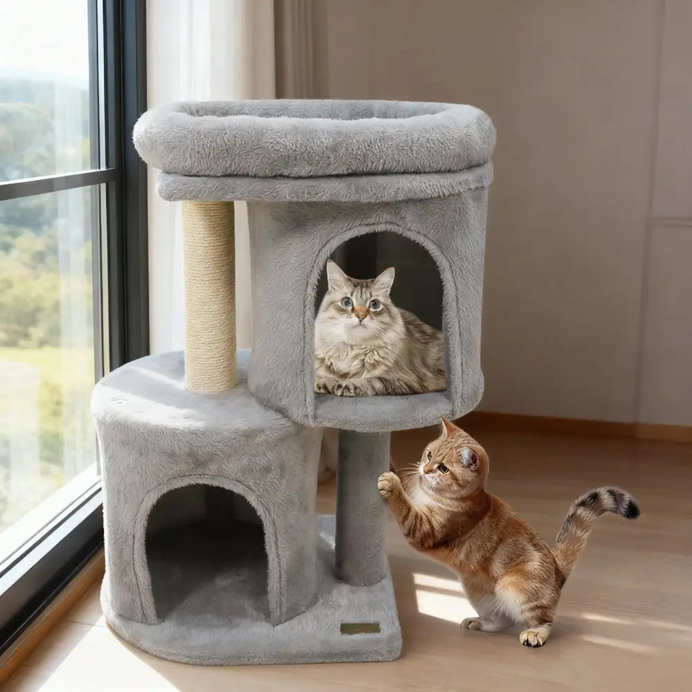 26 Inch Cat Tower with Large Padded Push Perch and Dual Condos-Light Gray - Light Gray - Cat Trees Condos & Scratchers