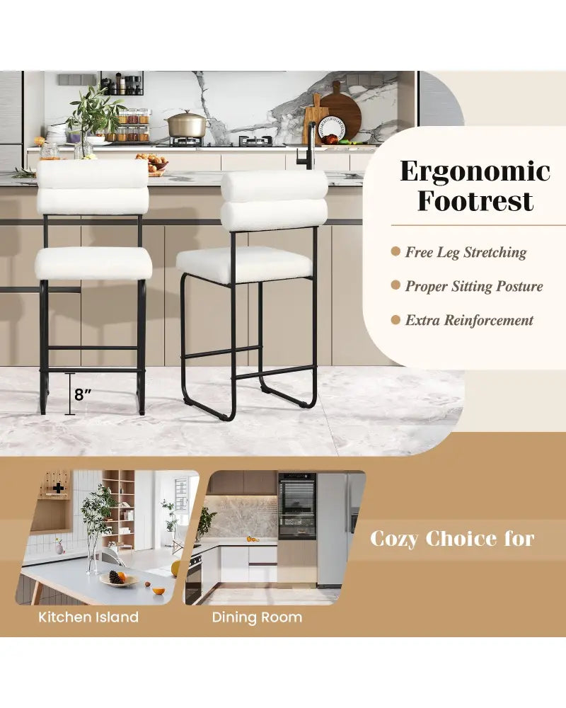 26 Inch Counter Height Bar Stools Set of 2 with Metal Frame and Footrest-White - White - Bar Stools