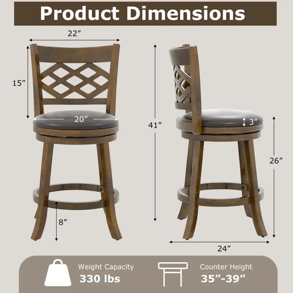 26 Inch Counter Height Bar Stools Set of 2 with Rubber Wood Frame-26 Inch Costway