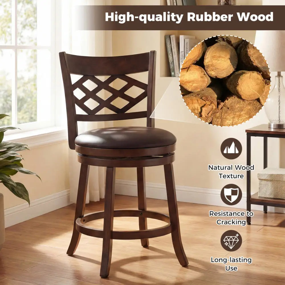 26 Inch Counter Height Bar Stools Set of 2 with Rubber Wood Frame-26 Inch - Brown - Bar Stools